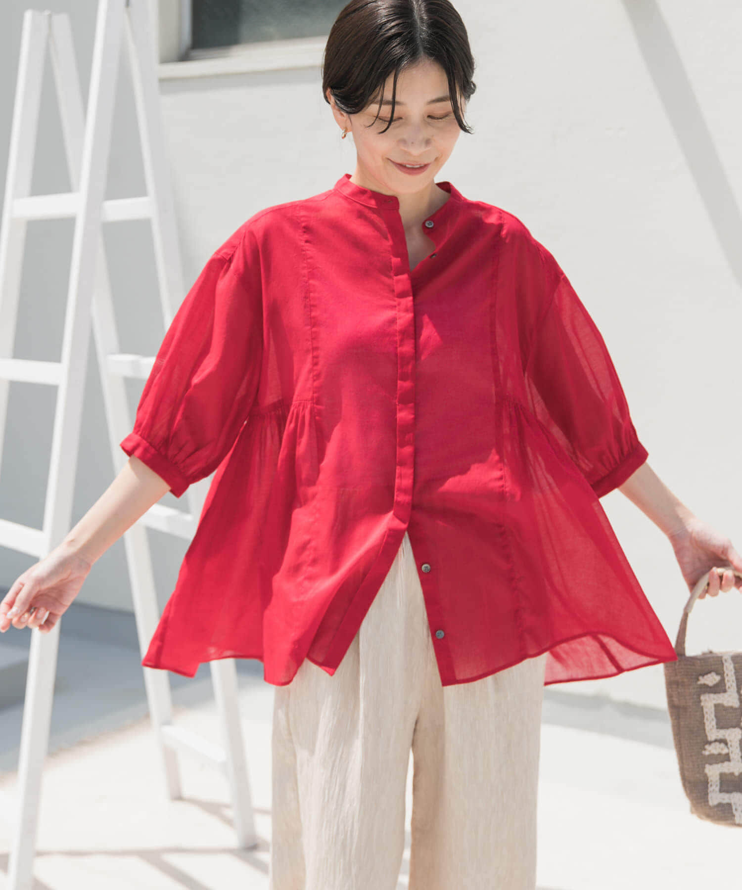 URBAN RESEARCH DOORS「『UR TECH』ボイルサイドギャザーブラウス」|シャツ・ブラウス|ピンク系その他