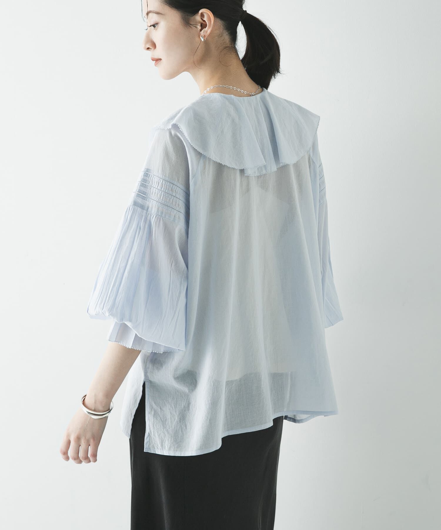 URBAN RESEARCH「コットンボイルラッフルブラウス」|シャツ・ブラウス|ブルー系その他