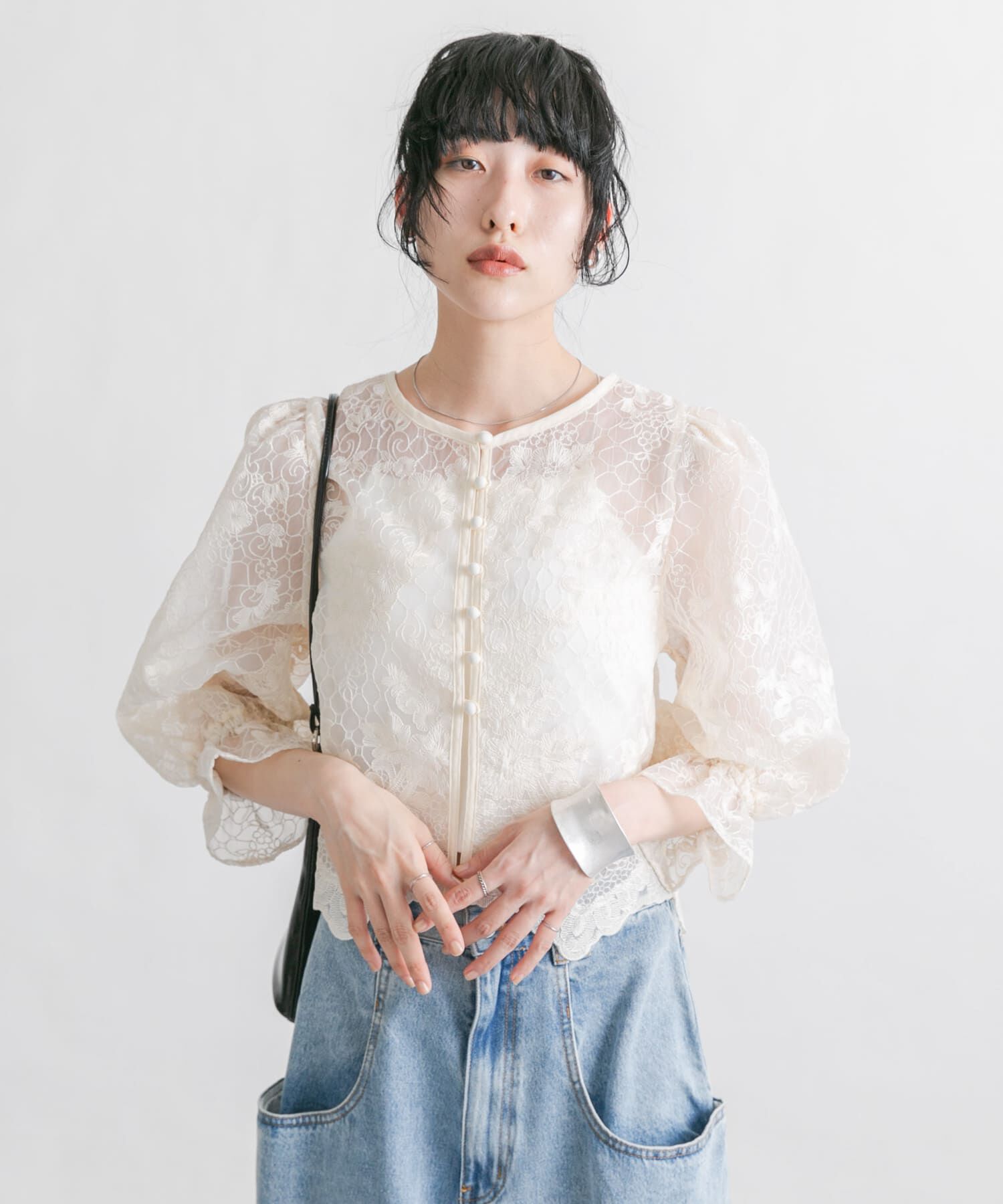  「オーガンジー刺繍クロップドブラウス」|シャツ・ブラウス|