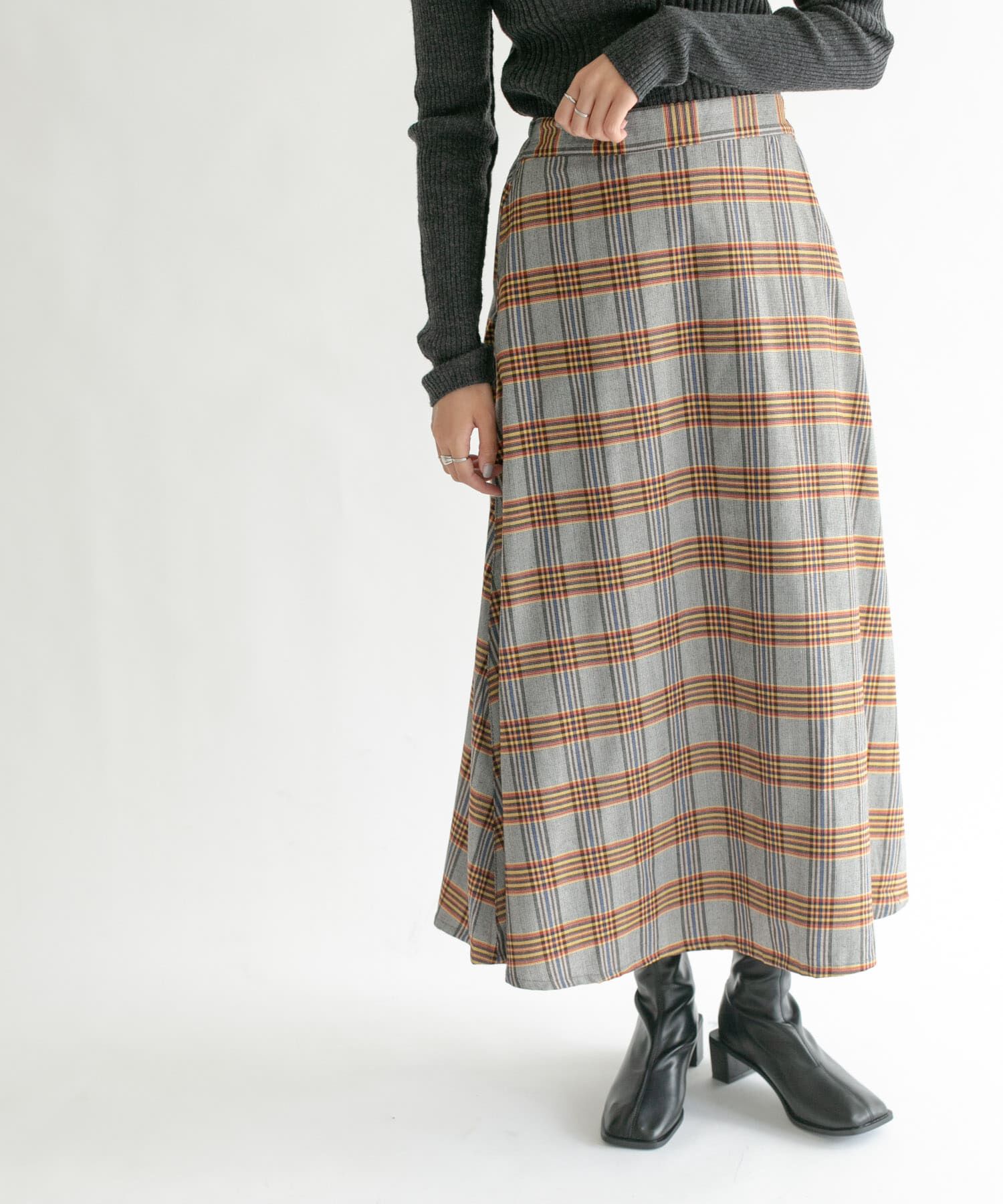  「チェック柄フレアロングスカート」|スカート|