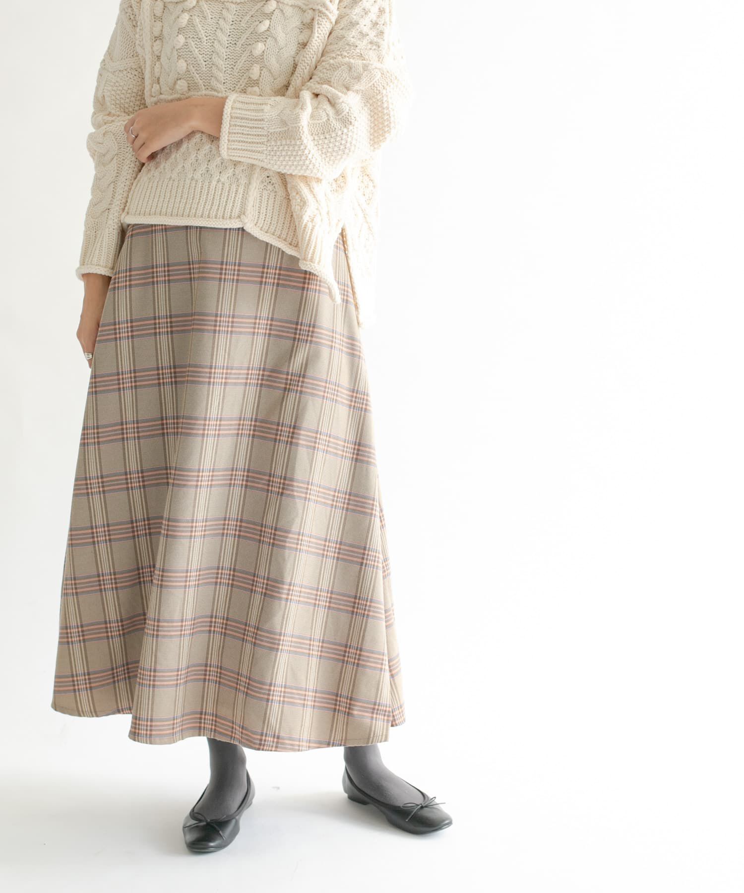  「チェック柄フレアロングスカート」|スカート|ベージュ系その他
