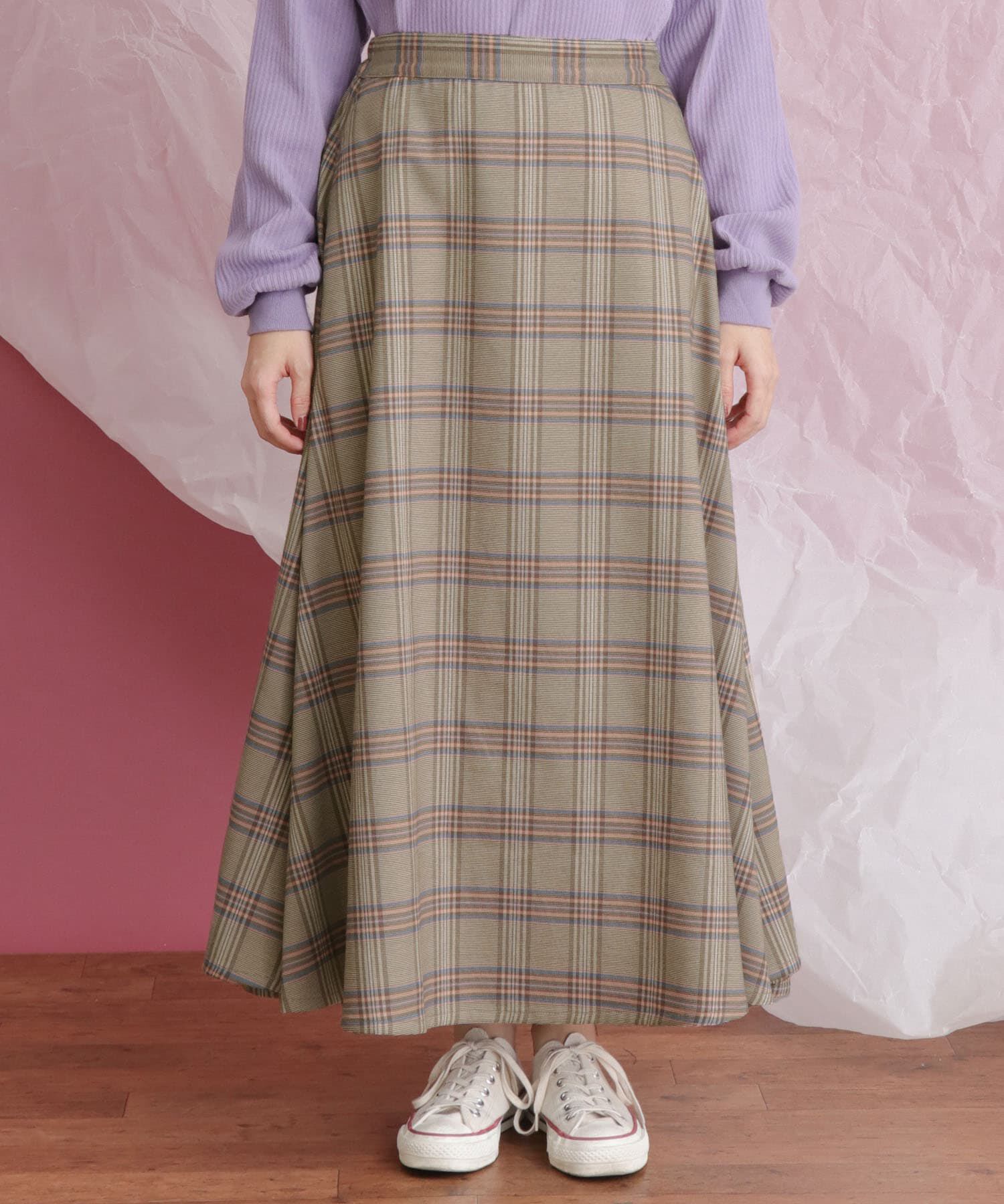  「チェック柄フレアロングスカート」|スカート|