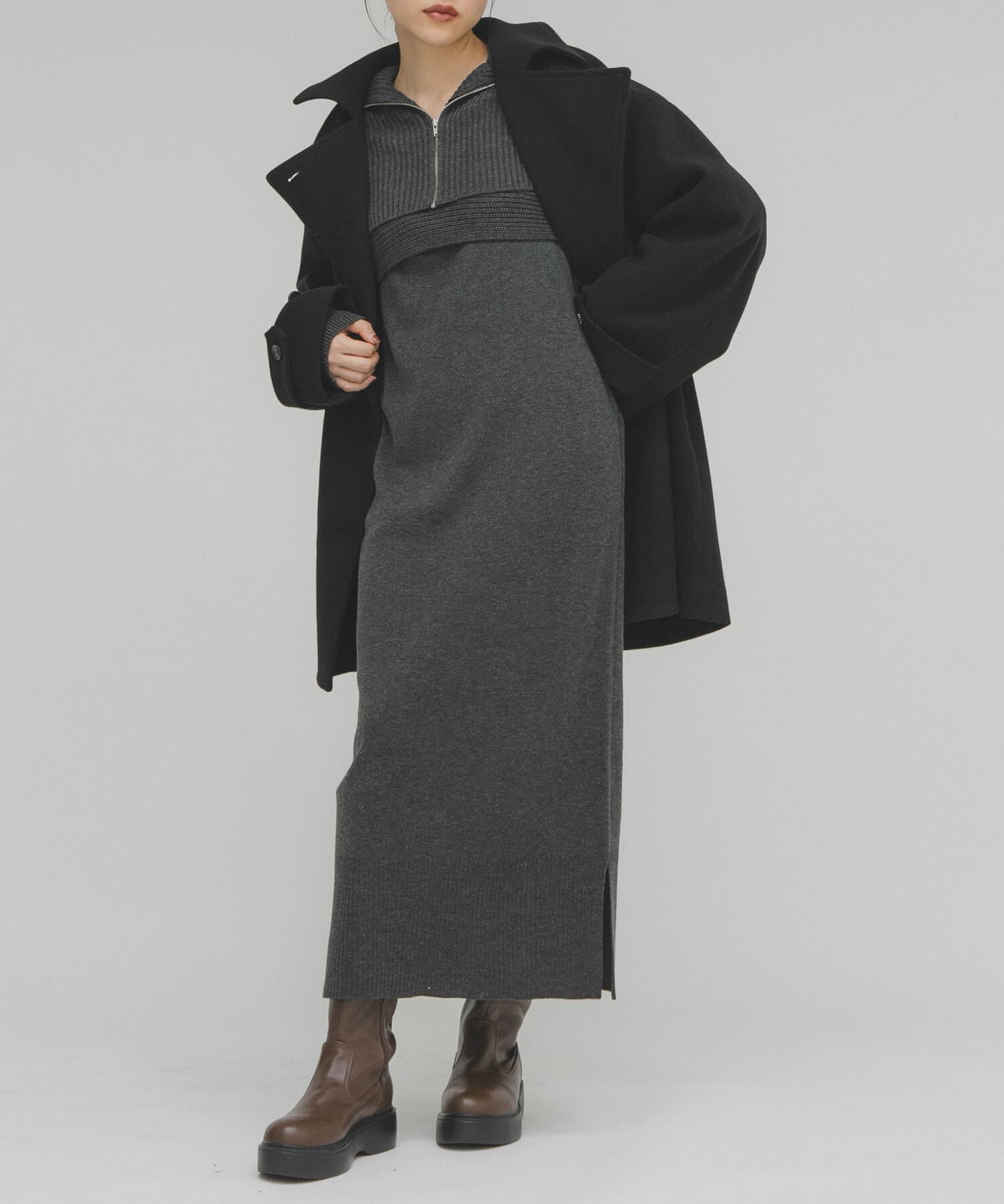  「ハーフZIPレイヤードニットワンピース」|ワンピース|チャコールグレー