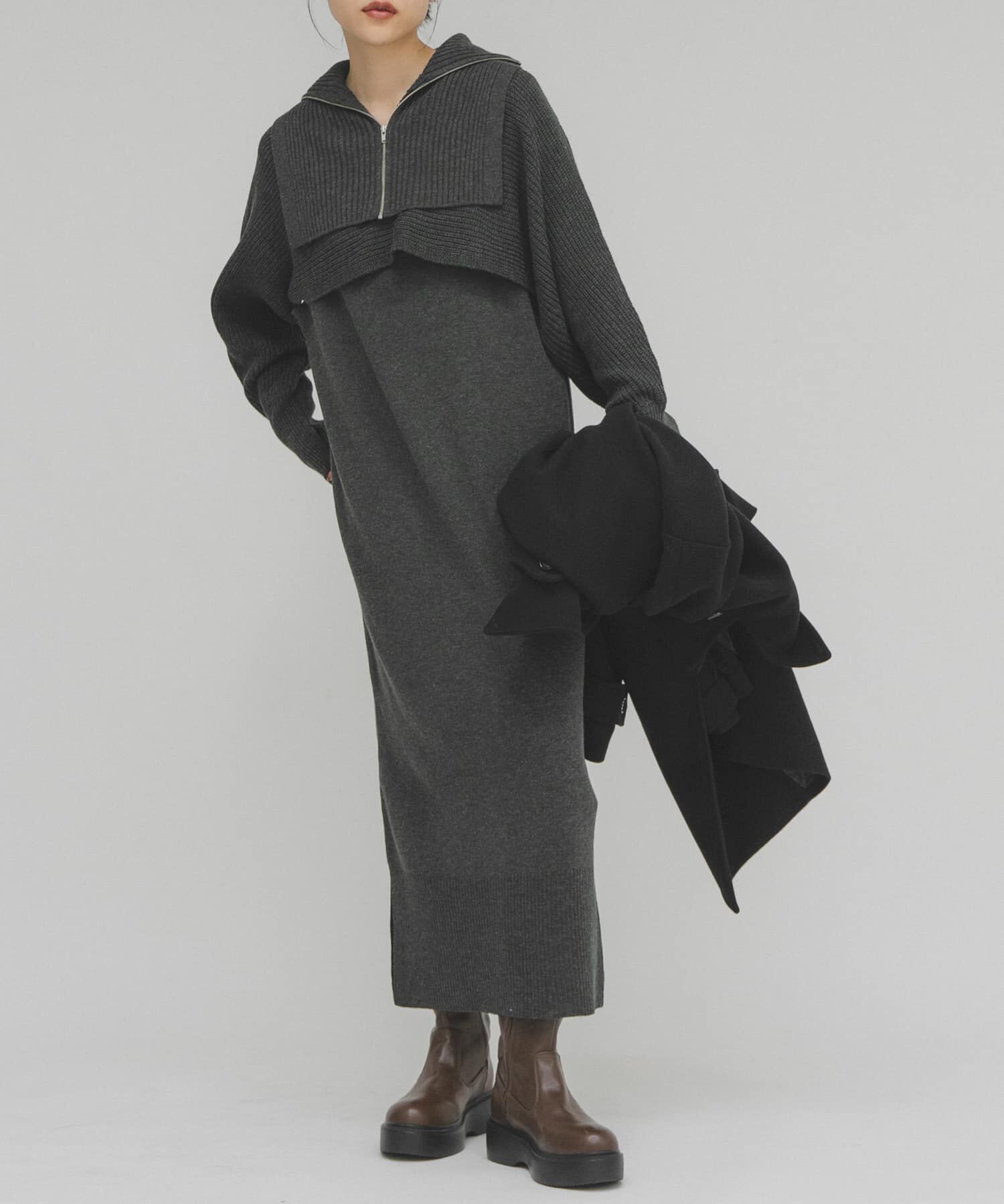  「ハーフZIPレイヤードニットワンピース」|ワンピース|