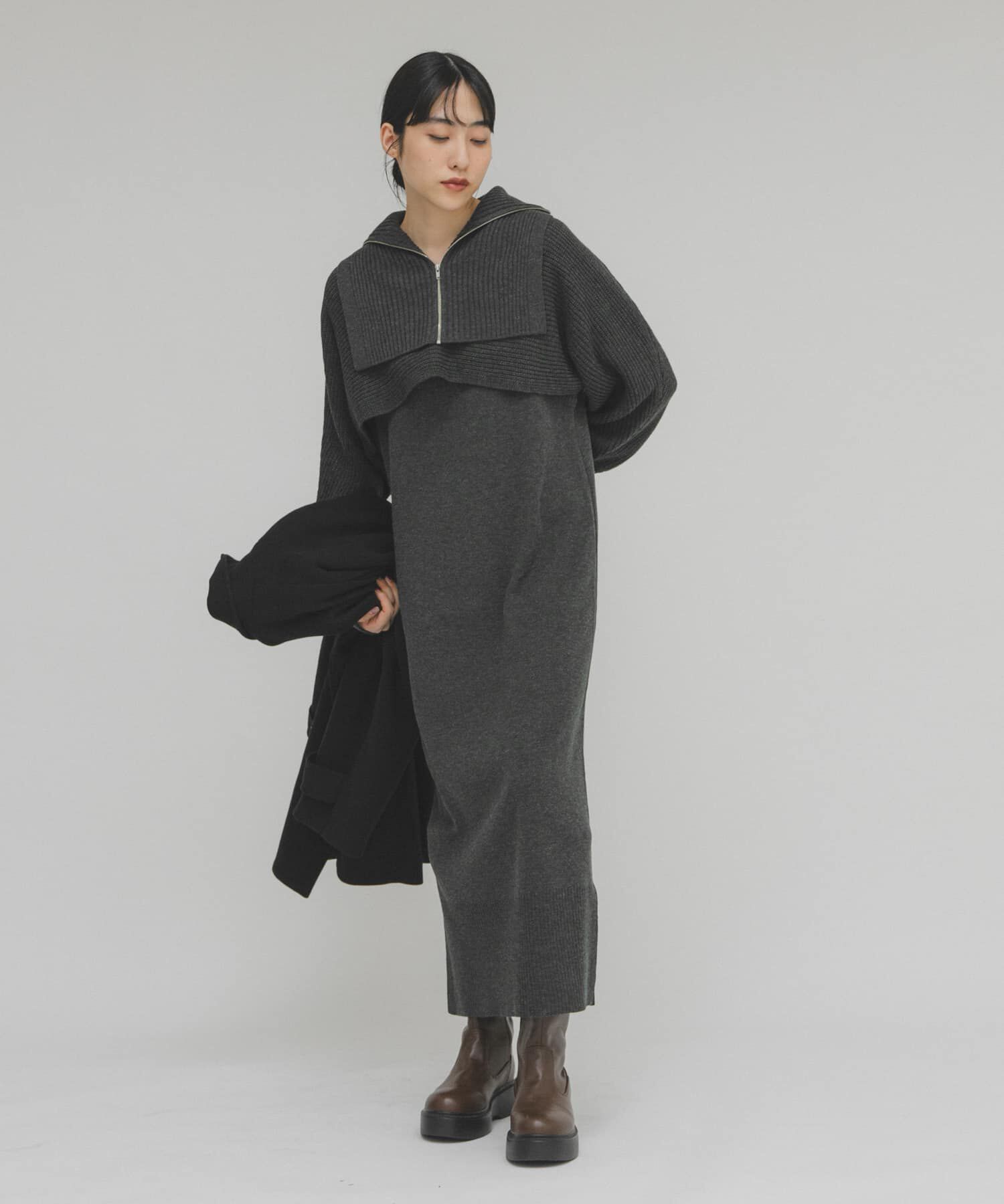  「ハーフZIPレイヤードニットワンピース」|ワンピース|