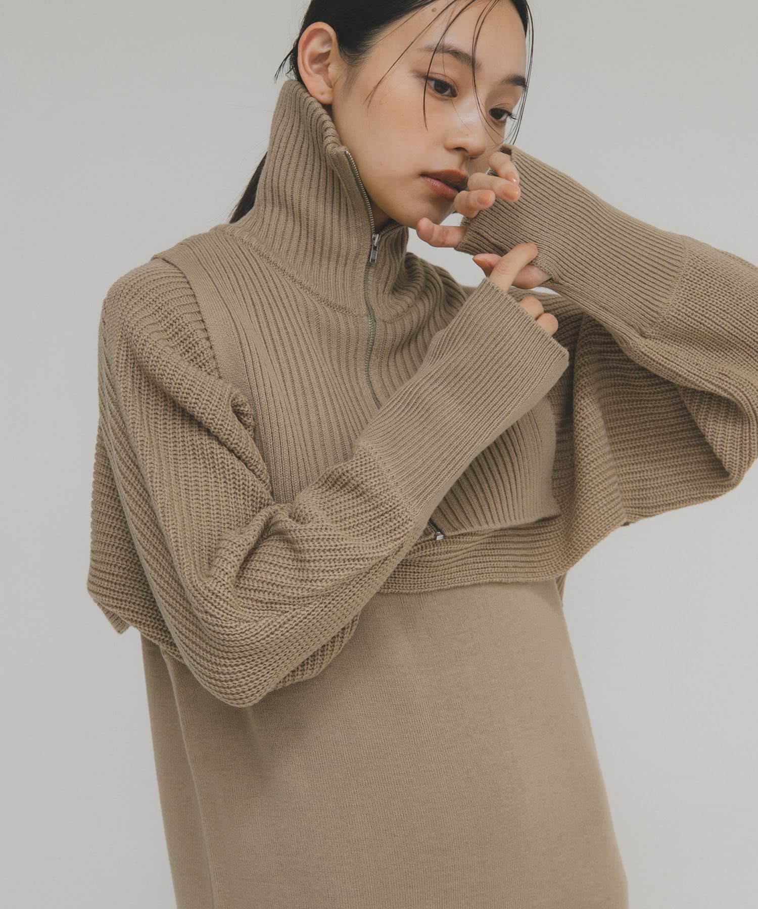  「ハーフZIPレイヤードニットワンピース」|ワンピース|