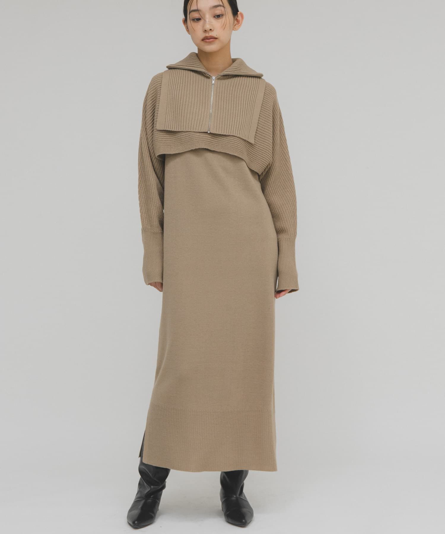  「ハーフZIPレイヤードニットワンピース」|ワンピース|