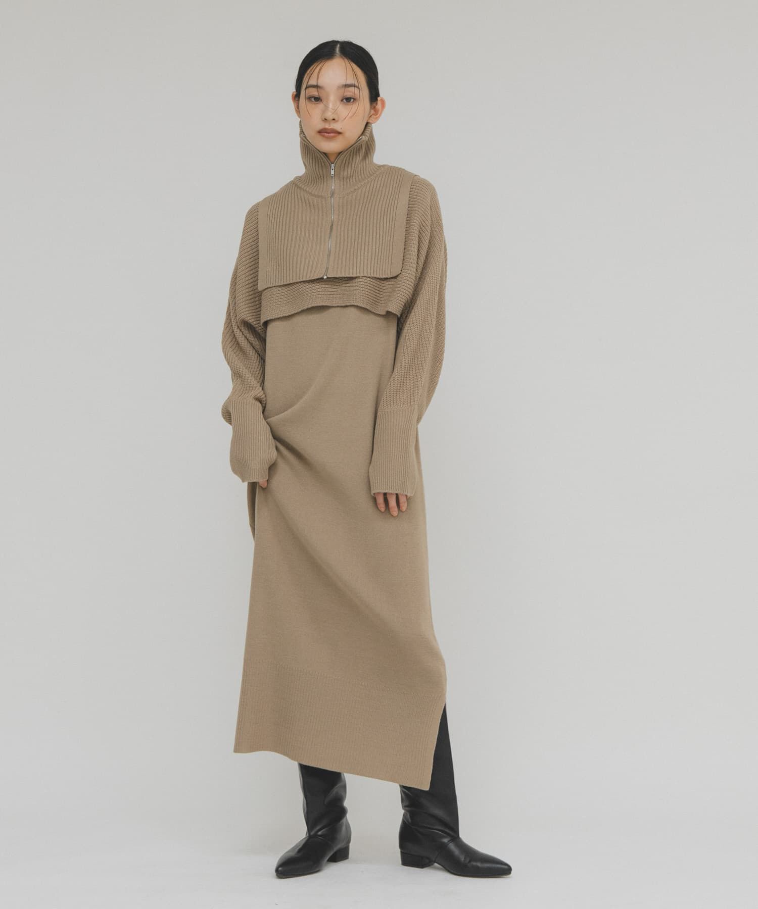  「ハーフZIPレイヤードニットワンピース」|ワンピース|