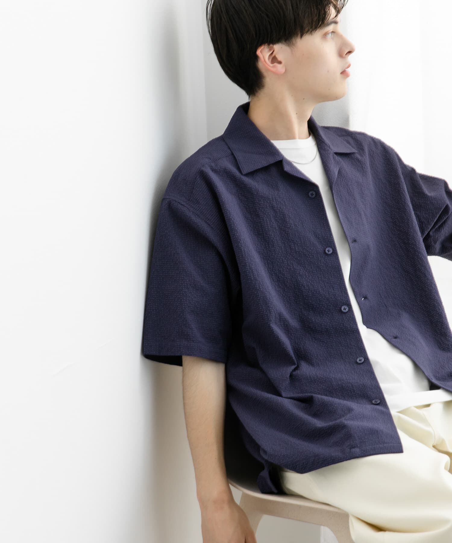 SENSE OF PLACE by URBAN RESEARCH「シアサッカーオープンカラーショートスリーブシャツ」|シャツ・ブラウス|ネイビー