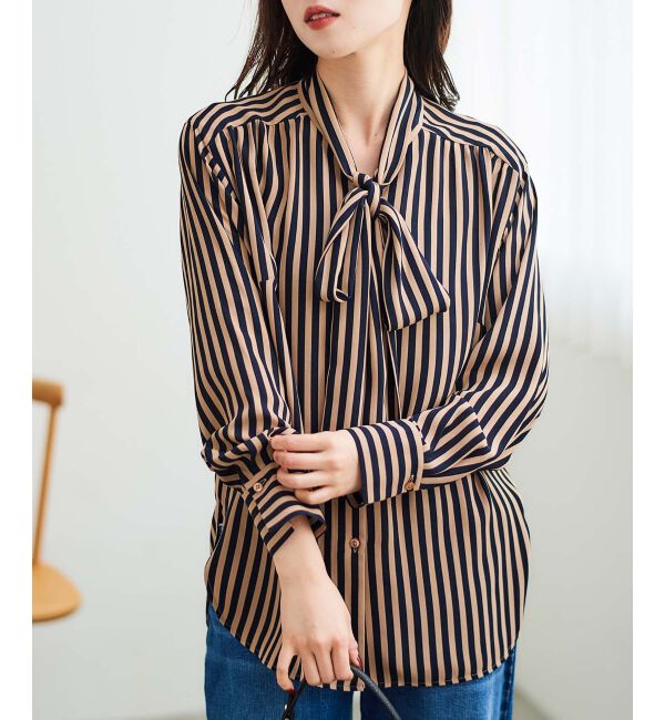 「ストライプボウタイブラウス」|シャツ・ブラウス|ネイビー柄