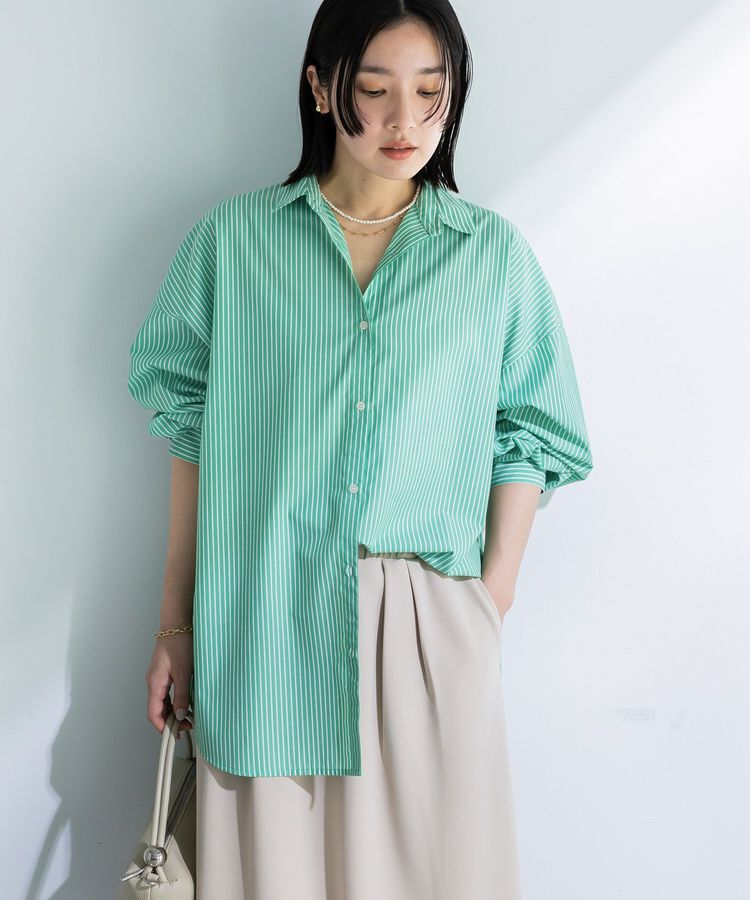 Green Parks「イージーケア抜け衿シャツ」|シャツ・ブラウス|ストライプグリーン