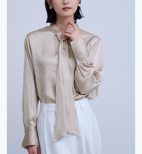 ur's「サテンストライプハイネックボウタイブラウス」|シャツ・ブラウス|グレージュ