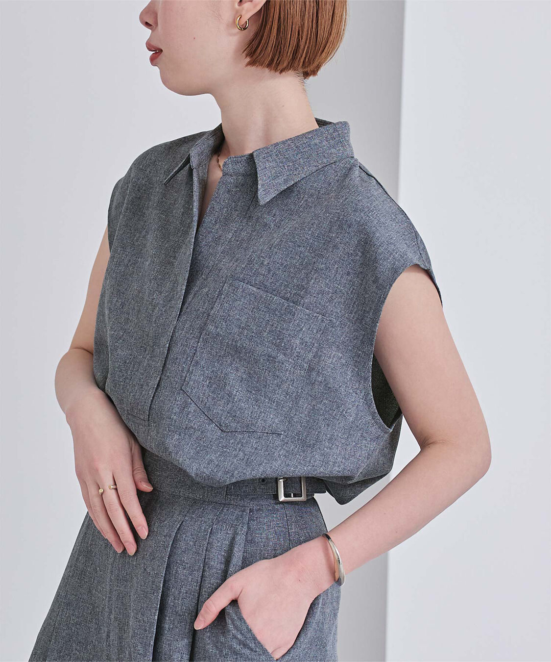 ur's「リネンライクフレンチスリーブスキッパーブラウス」|シャツ・ブラウス|杢ネイビー