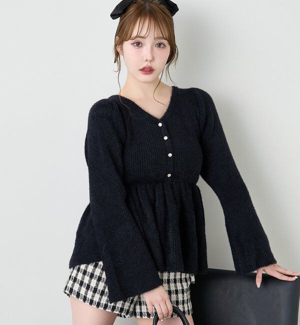  「バックリボンフェザーペプラムニット」|ニット・セーター|ブラック