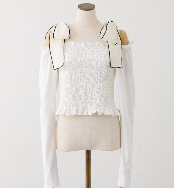  「肩リボンシャーリングトップス」|プルオーバー|