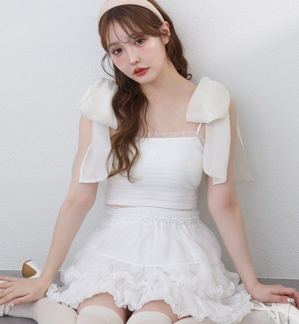  「肩リボン取り外し可能カップ付きシャーリングインナー」|プルオーバー|