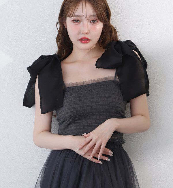  「肩リボン取り外し可能カップ付きシャーリングインナー」|プルオーバー|チャコールグレー