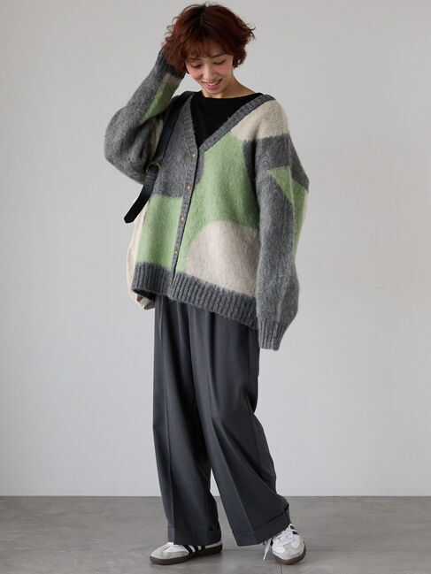 Lugnoncure「起毛ジャカードパッチワーク風Vネックカーディガン」|カーディガン|