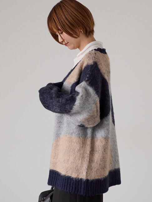 Lugnoncure「起毛ジャカードパッチワーク風Vネックカーディガン」|カーディガン|