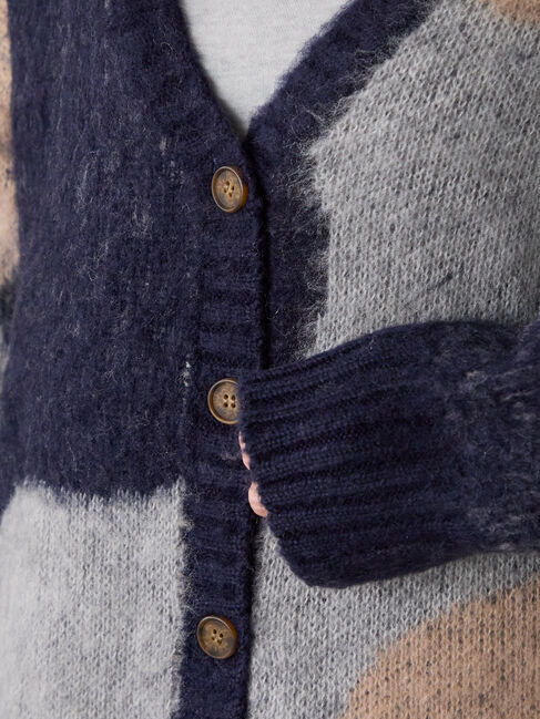 Lugnoncure「起毛ジャカードパッチワーク風Vネックカーディガン」|カーディガン|