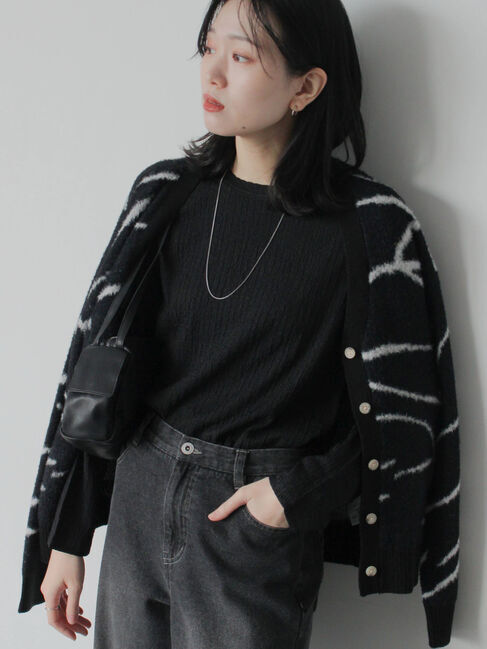 Samansa Mos2 blue「ふくれジャカードクルーネックプルオーバー」|Tシャツ・カットソー|ブラック