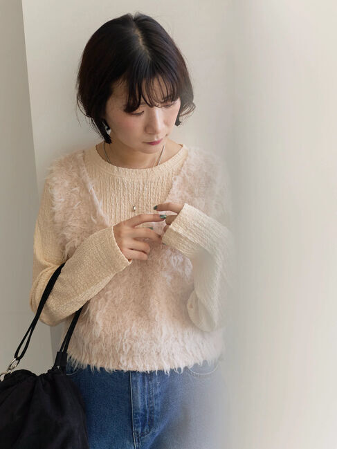 Samansa Mos2 blue「ふくれジャカードクルーネックプルオーバー」|Tシャツ・カットソー|