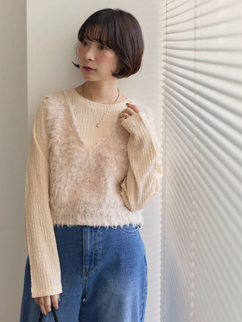 Samansa Mos2 blue「ふくれジャカードクルーネックプルオーバー」|Tシャツ・カットソー|