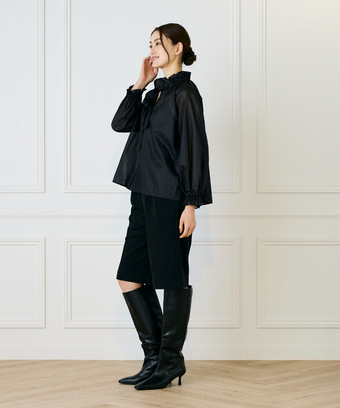 INED「シャドーボーダーフリルボウタイブラウス」|シャツ・ブラウス|