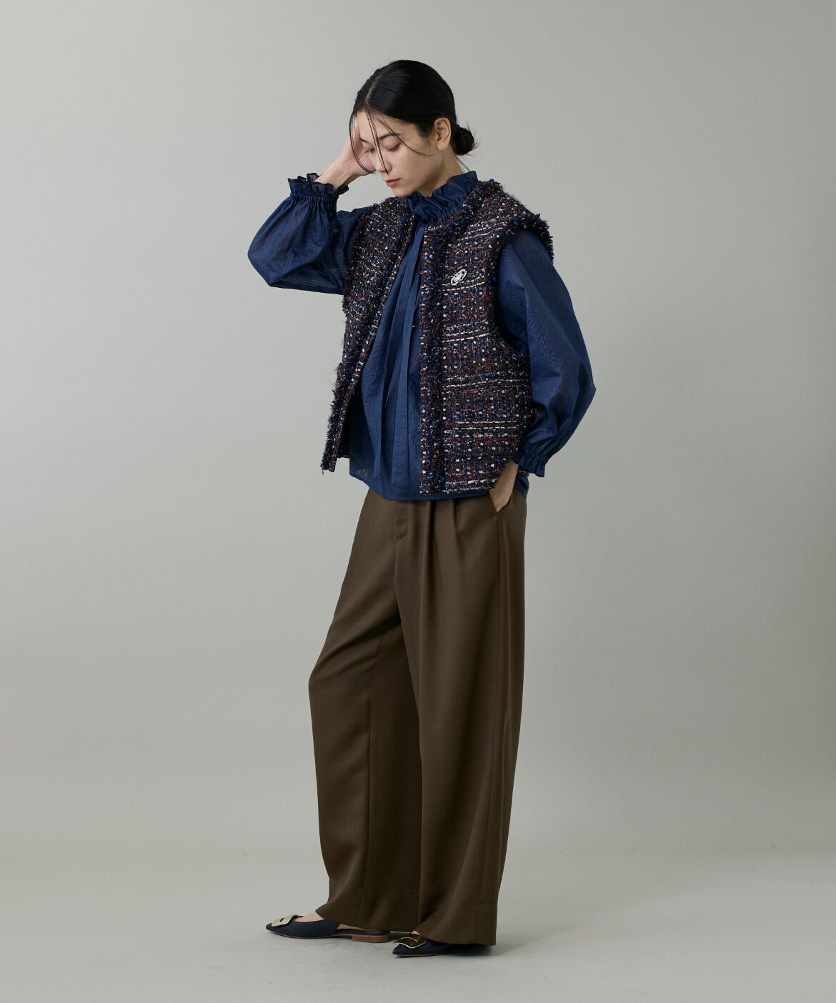 INED「シャドーボーダーフリルボウタイブラウス」|シャツ・ブラウス|