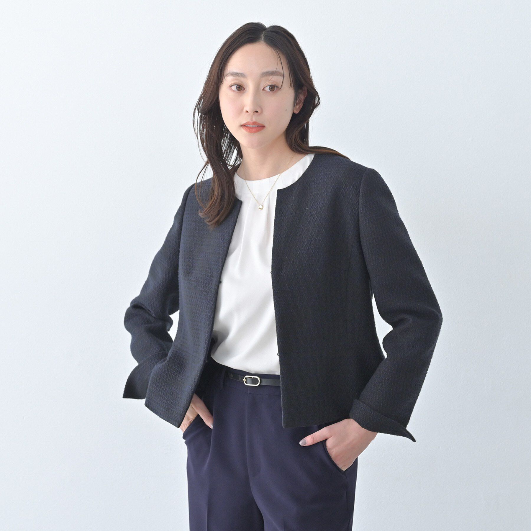 UNTITLED「ツイード ペプラムジャケット」|ノーカラージャケット|ネイビー(494)