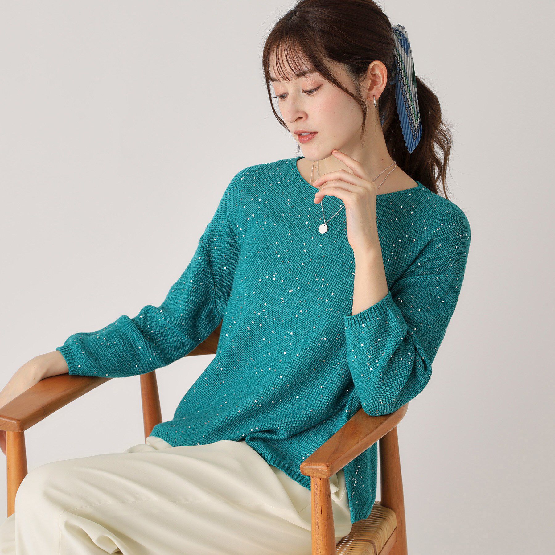 COUP DE CHANCE「【洗える】スパンコールニット」|ニット・セーター|グリーン(022)
