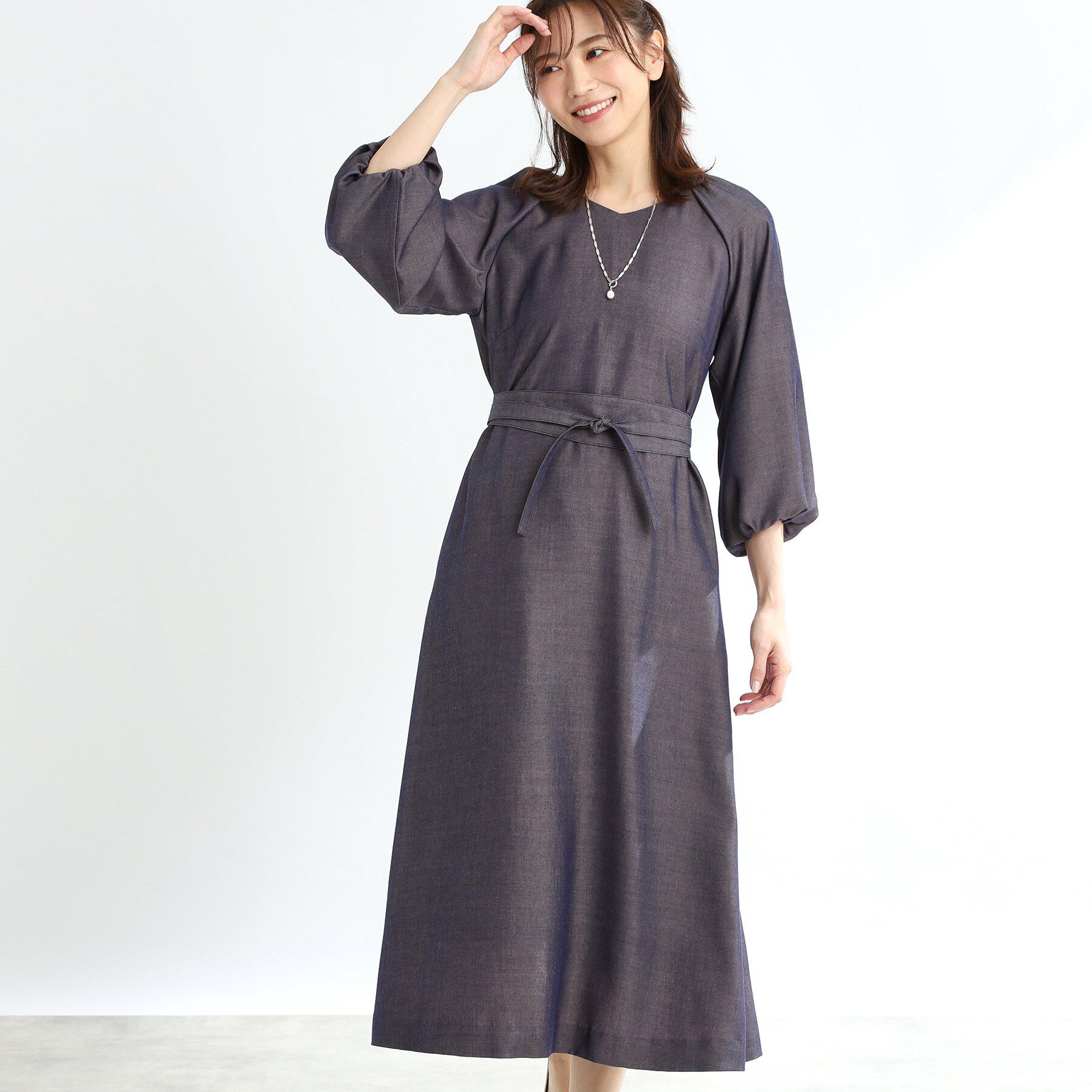 Reflect「【手洗い可／共布ベルト付き】ブルーダンガリーワンピース」|ワンピース|ネイビー(094)