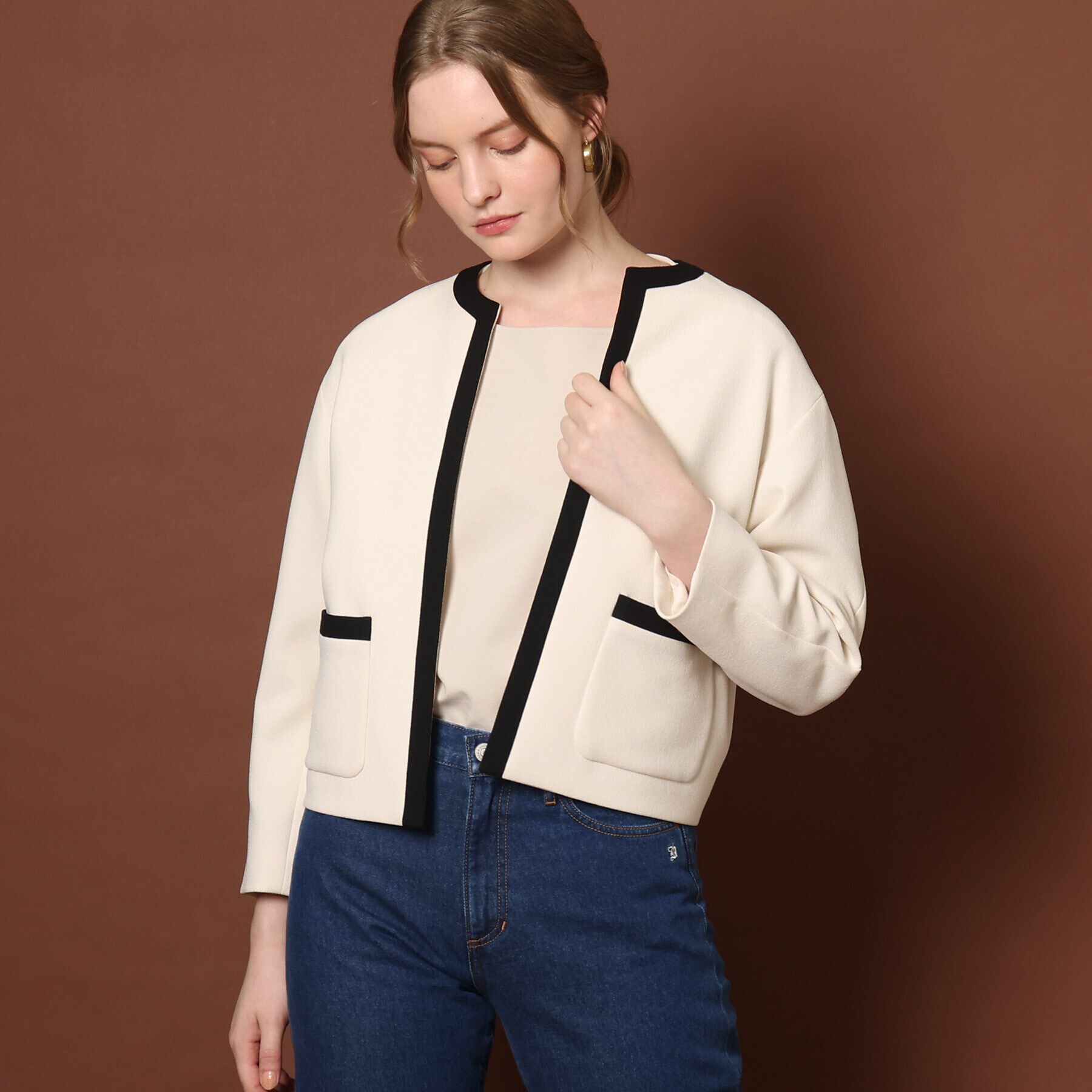 DRESSTERIOR「【セットアップ可】バイカラーショートジャケット」|ノーカラージャケット|