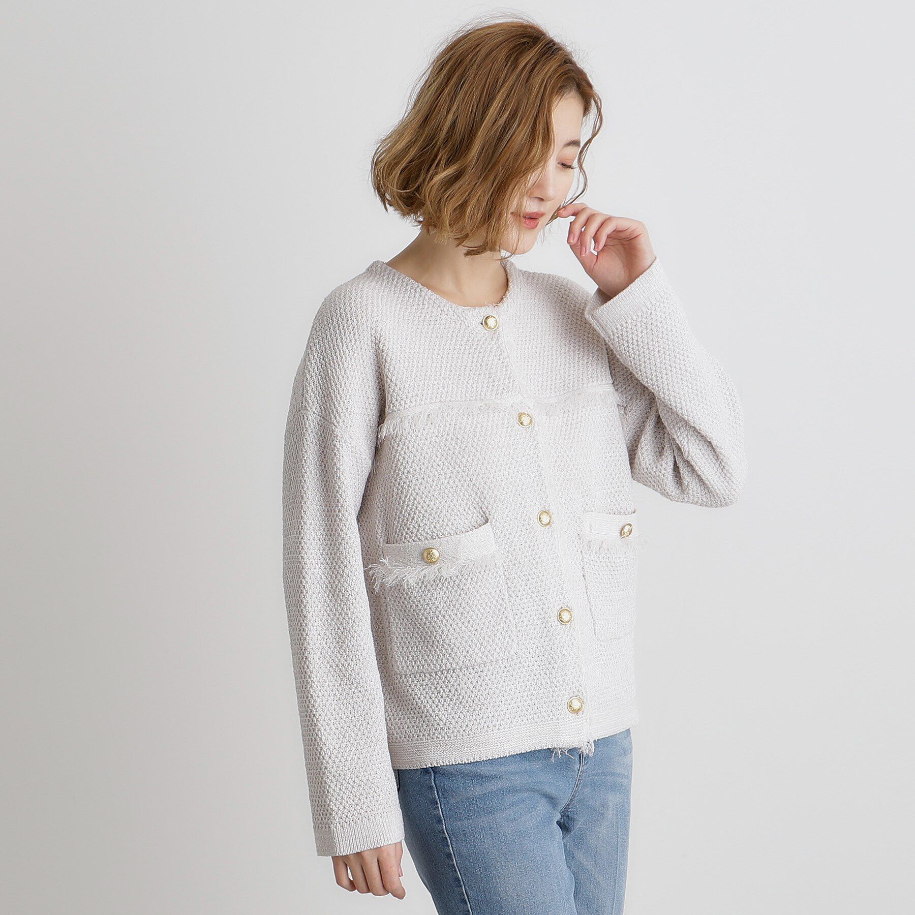 grove「ツイードニットジャケット」|ノーカラージャケット|