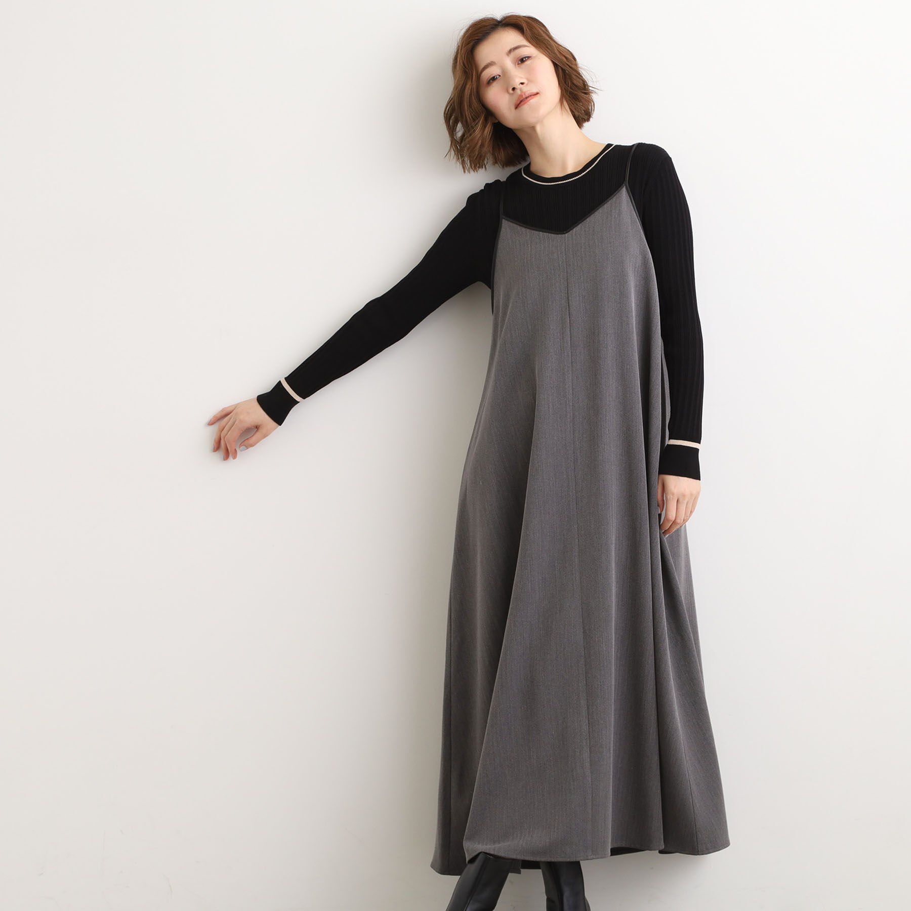 grove「【体型カバー/レイヤード】へリンボンキャミワンピース」|ワンピース|チャコールグレー(0