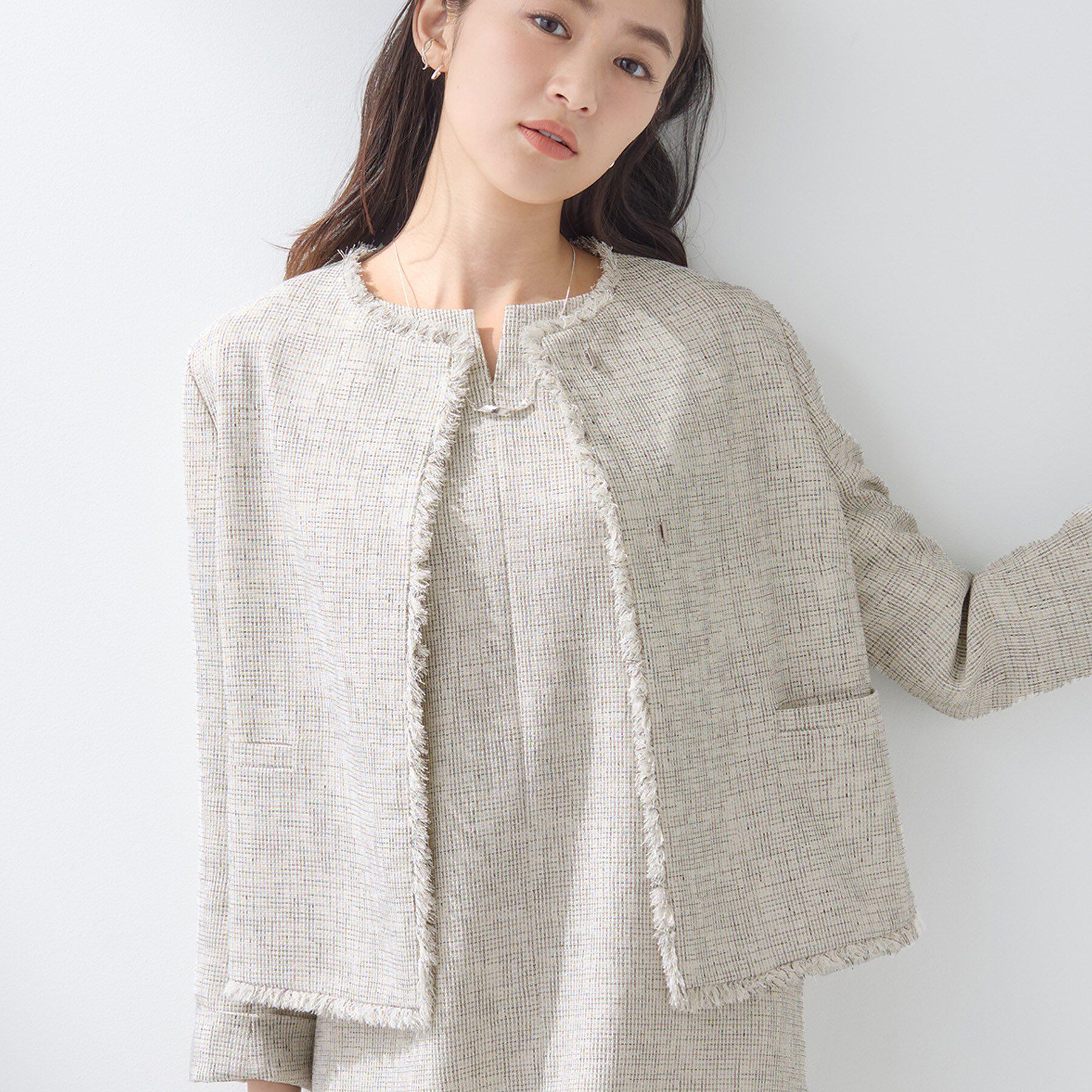 INDIVI「【軽量／セレモニー／SETUP可能】ストレッチツイードジャケット」|ノーカラージャケット|