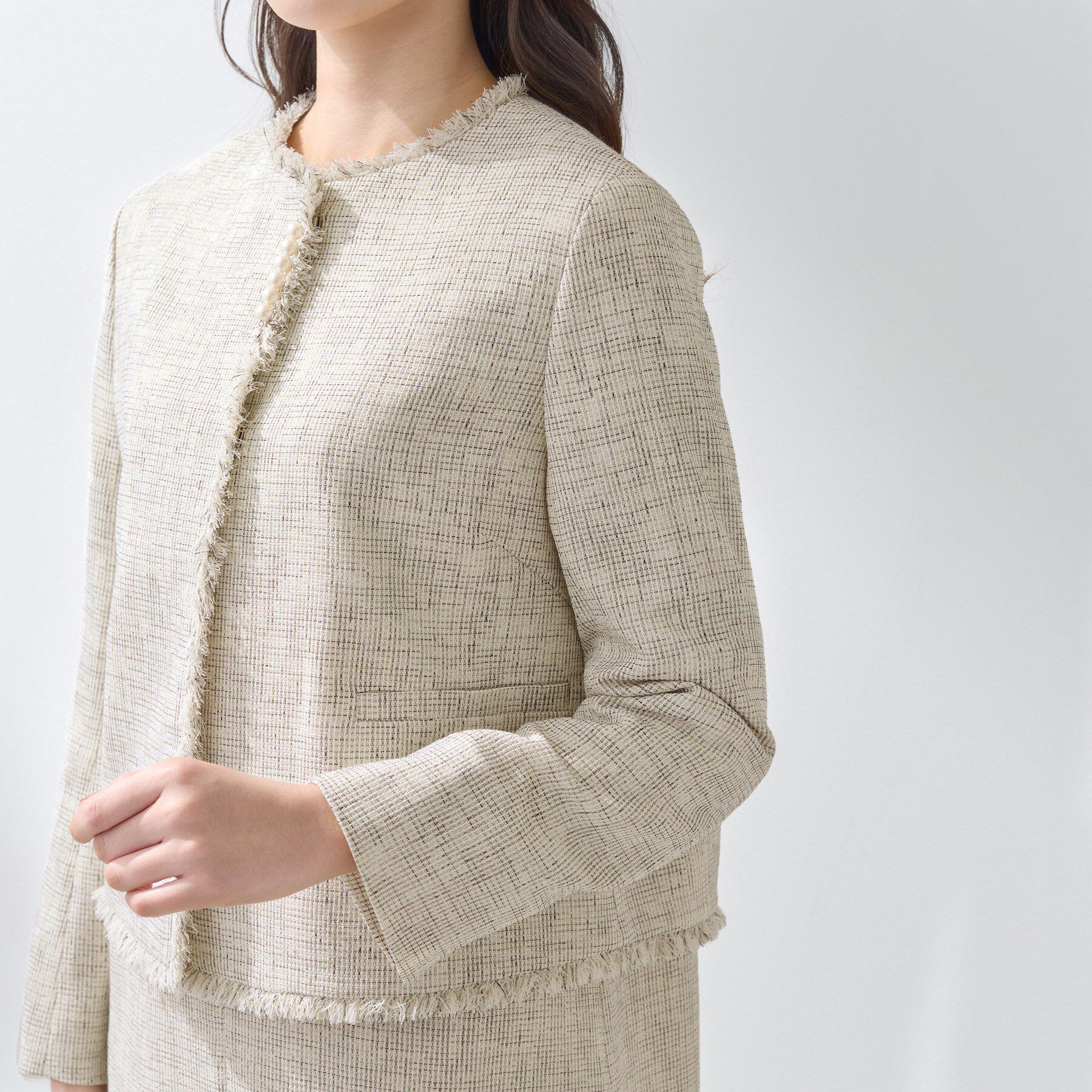 INDIVI「【軽量／セレモニー／SETUP可能】ストレッチツイードジャケット」|ノーカラージャケット|