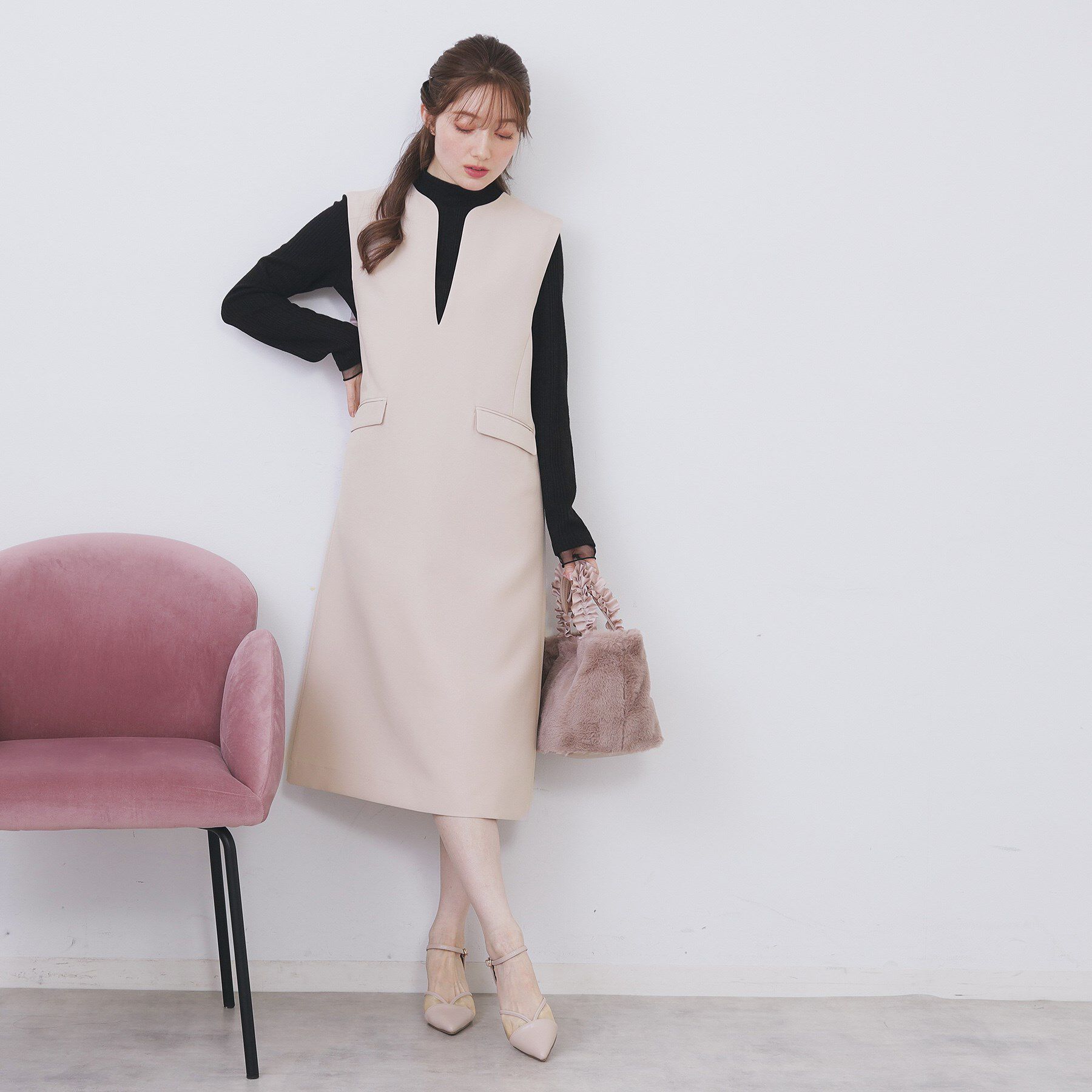 index「キーネックジャンスカ【洗濯機OK/防シワ/イージーアイロン】」|ワンピース|