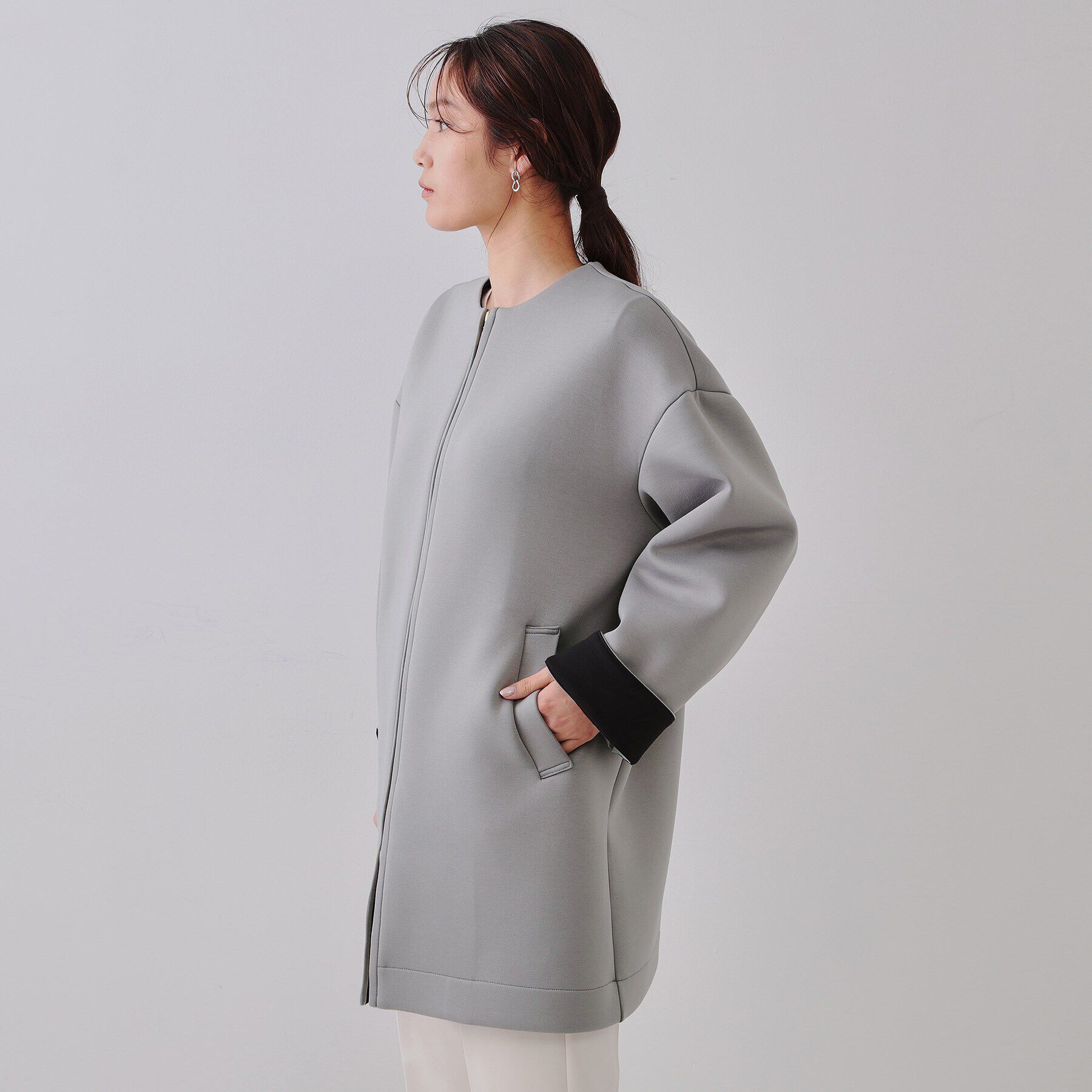 OPAQUE.CLIP「ノーカラーZIPミドルコート【洗濯機洗い可/抗ピル】」|ノーカラーコート|