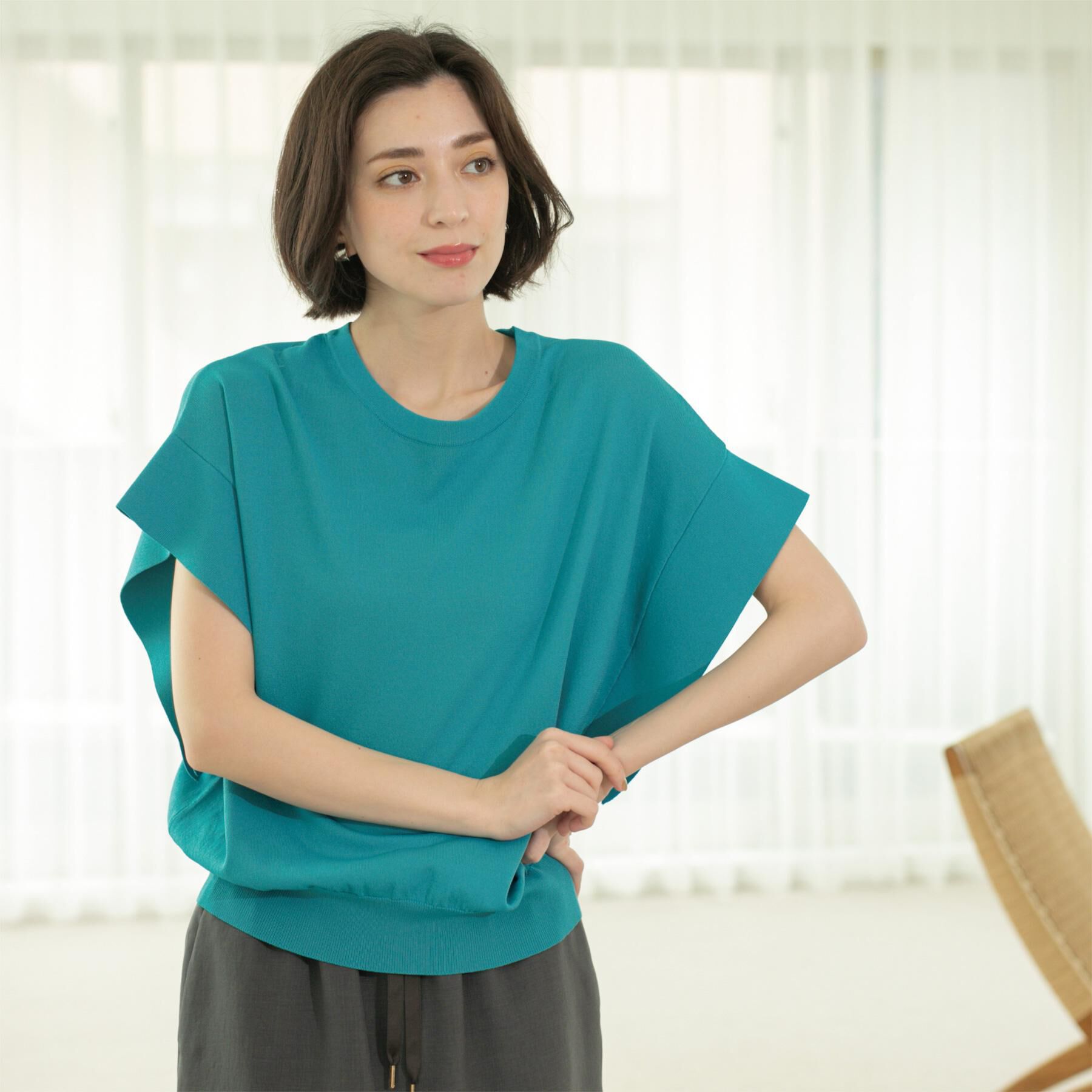 OPAQUE.CLIP「フリルスリーブニット【UVケア/接触冷感/洗濯機洗い可/抗ピル】」|ニット・セーター|