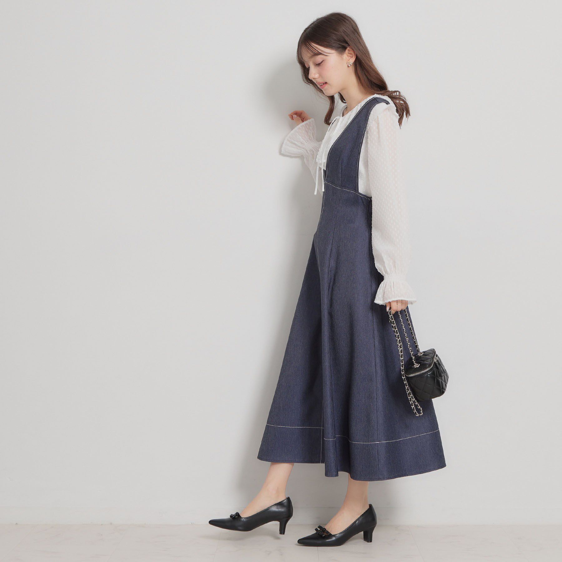 Couture broach「【洗える】デニムライク細リボンジャンスカ」|ワンピース|