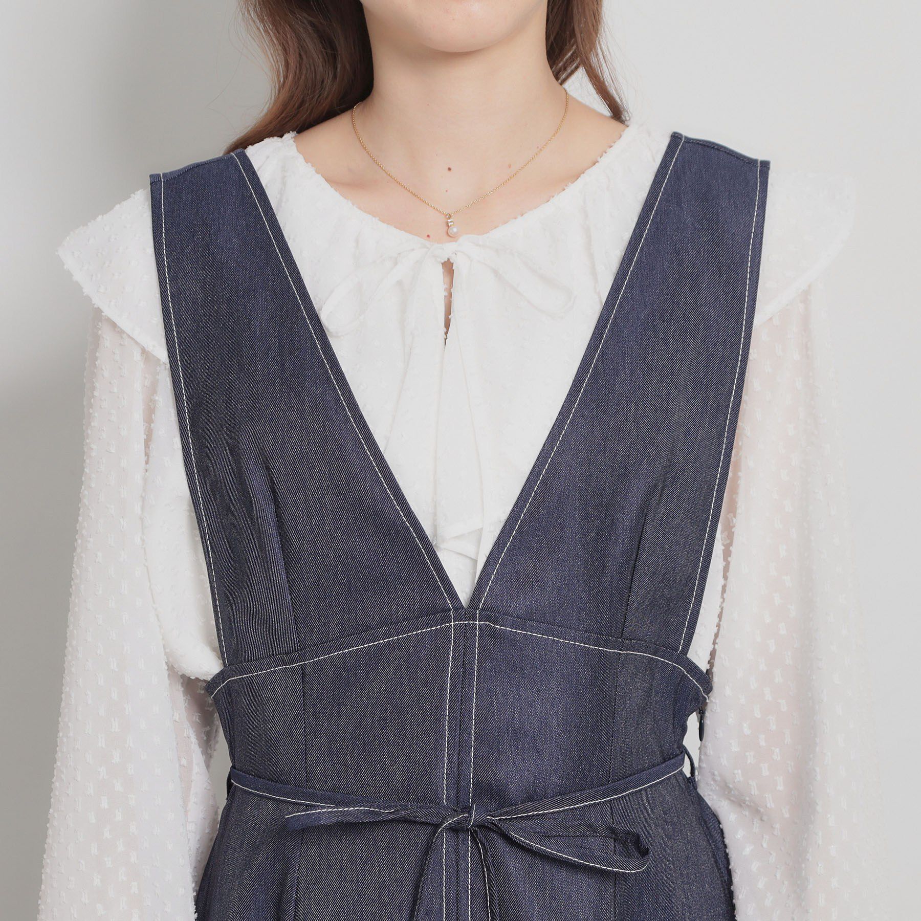 Couture broach「【洗える】デニムライク細リボンジャンスカ」|ワンピース|