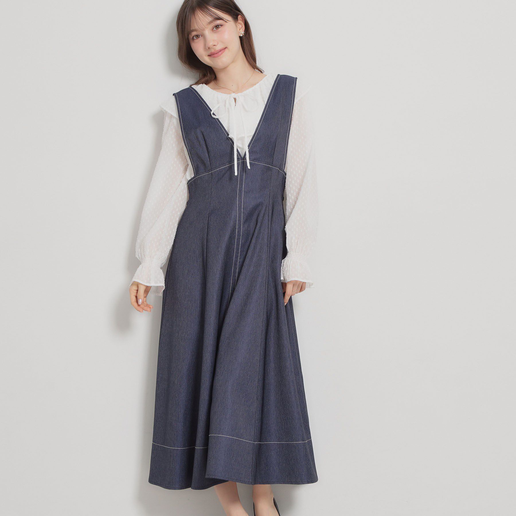Couture broach「【洗える】デニムライク細リボンジャンスカ」|ワンピース|ネイビー(094)