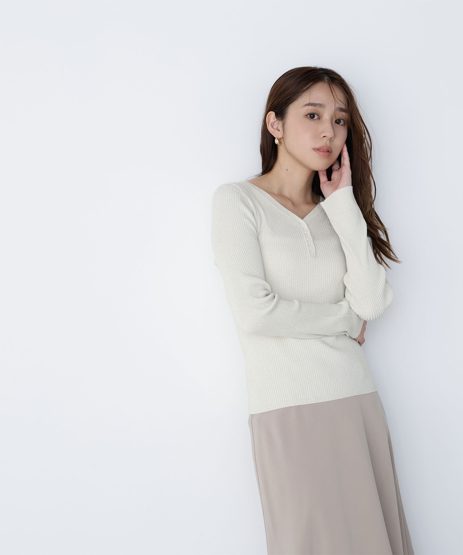  「フロントボタンラメリブニット」|ニット・セーター|オフホワイト1