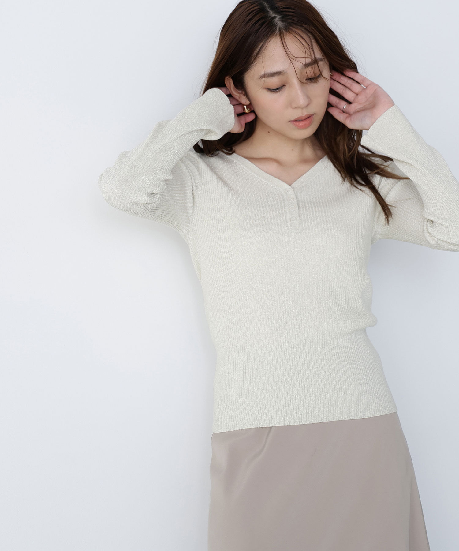  「フロントボタンラメリブニット」|ニット・セーター|