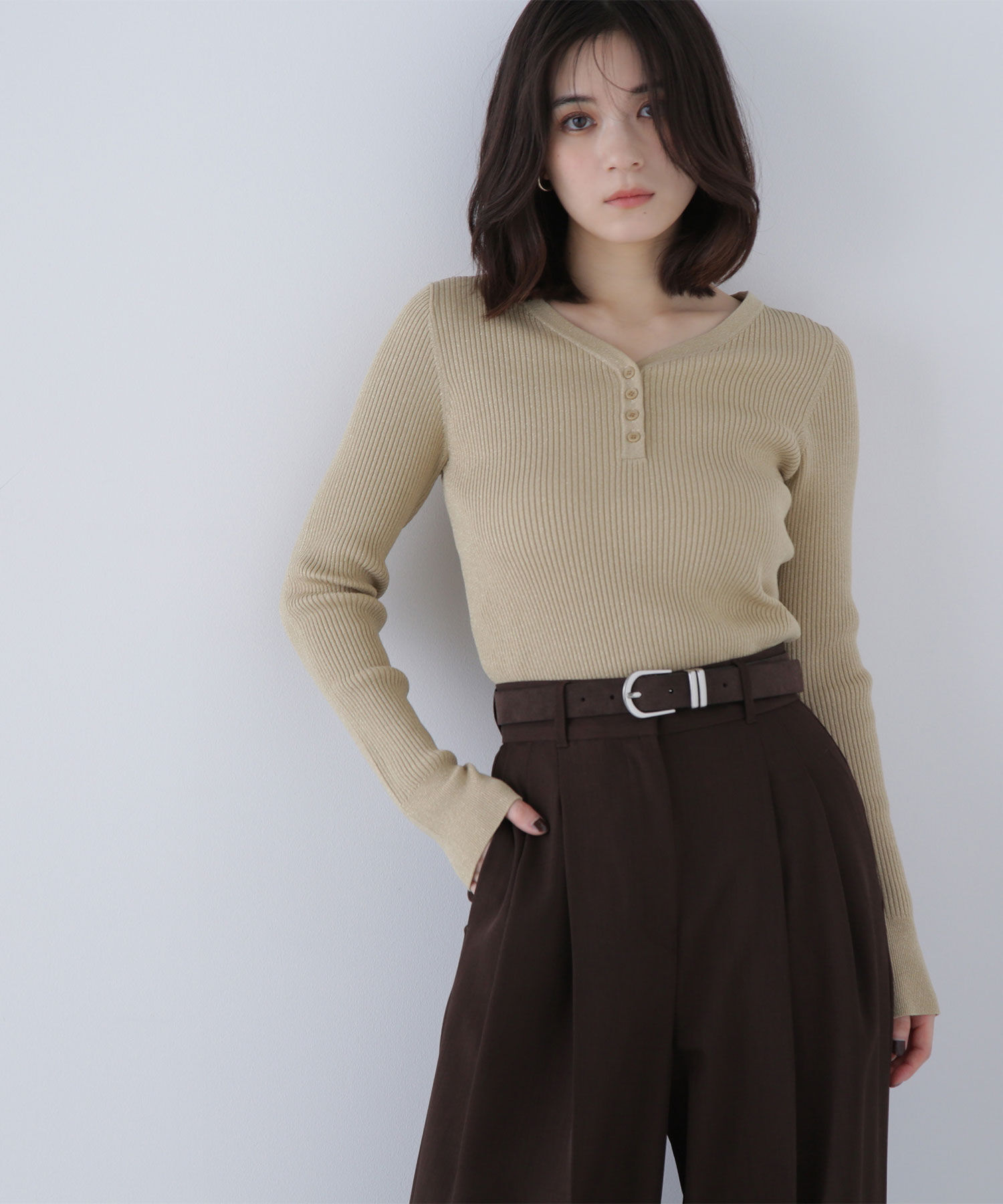  「フロントボタンラメリブニット」|ニット・セーター|イエロー