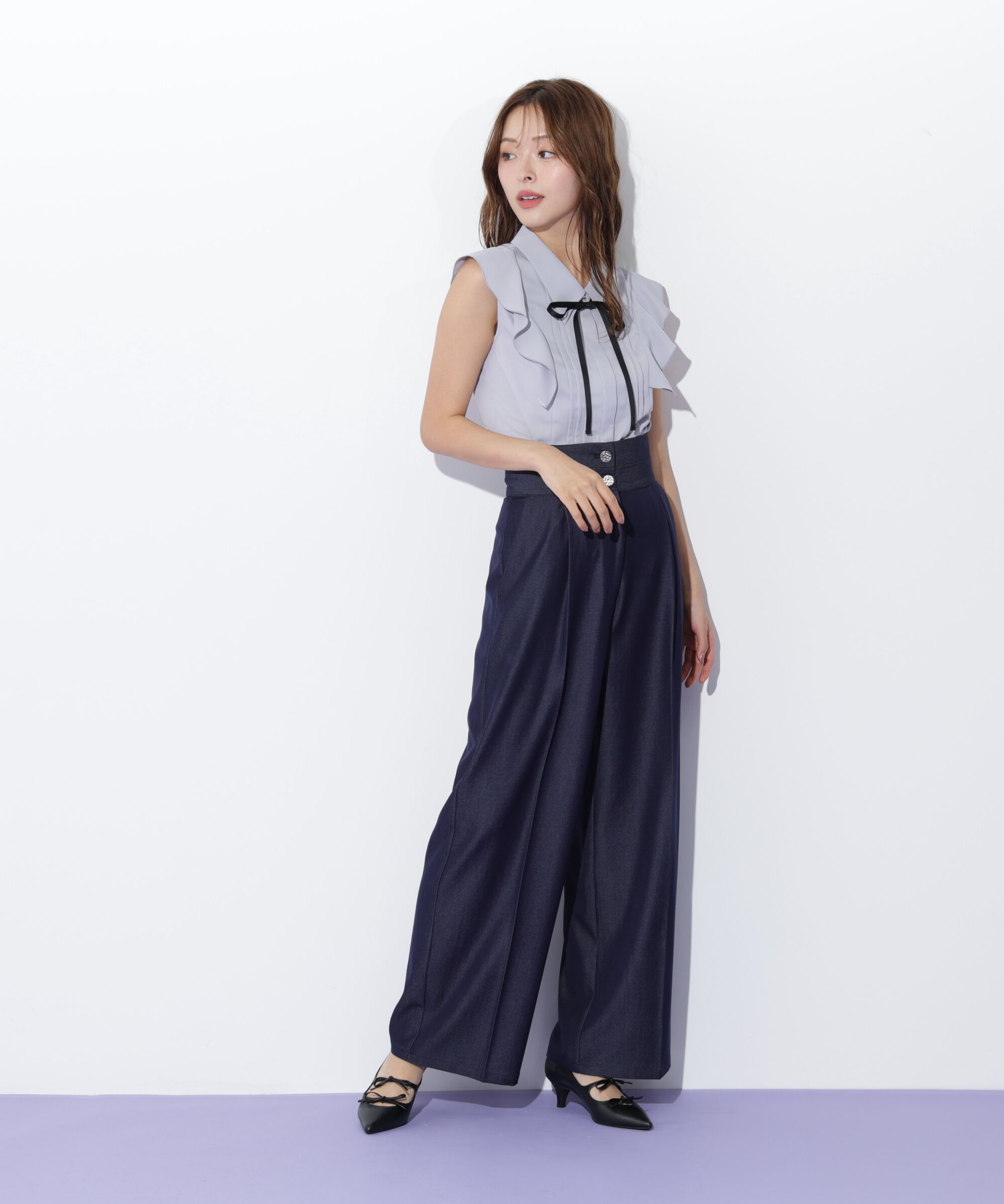  「リボン付きピンタックノースリーブブラウス」|シャツ・ブラウス|