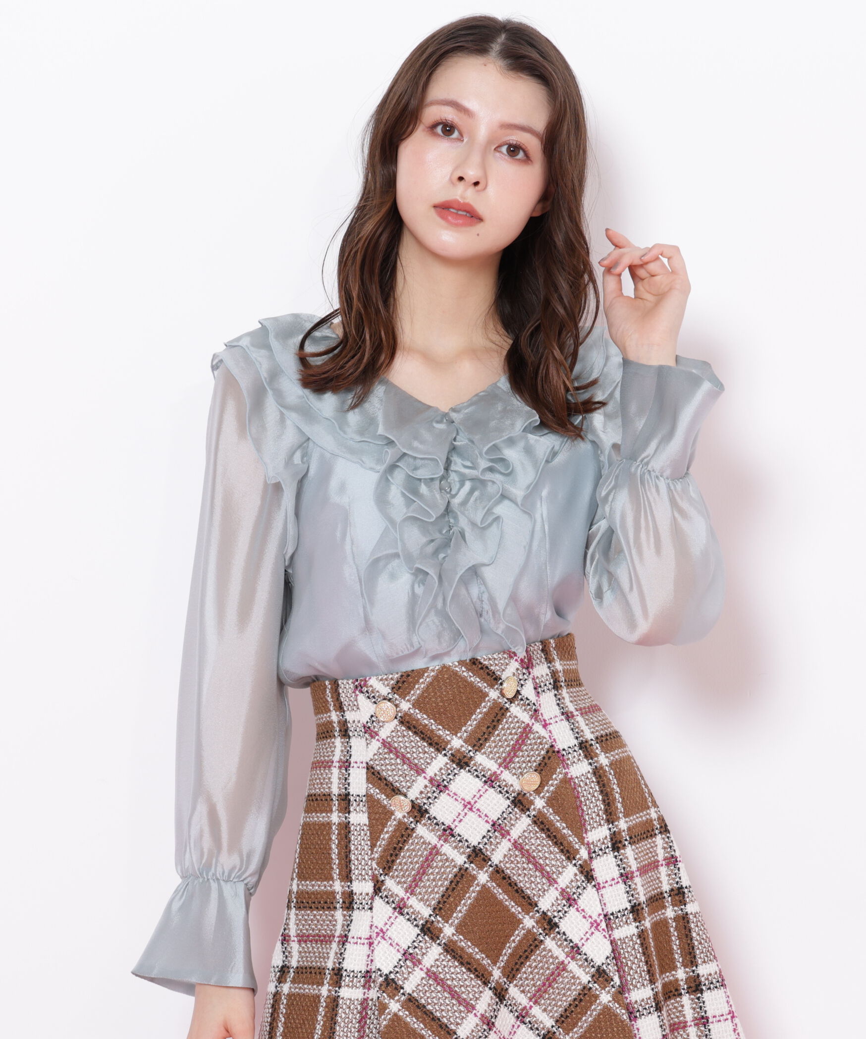  「シアーフリルブラウス」|シャツ・ブラウス|グリーン