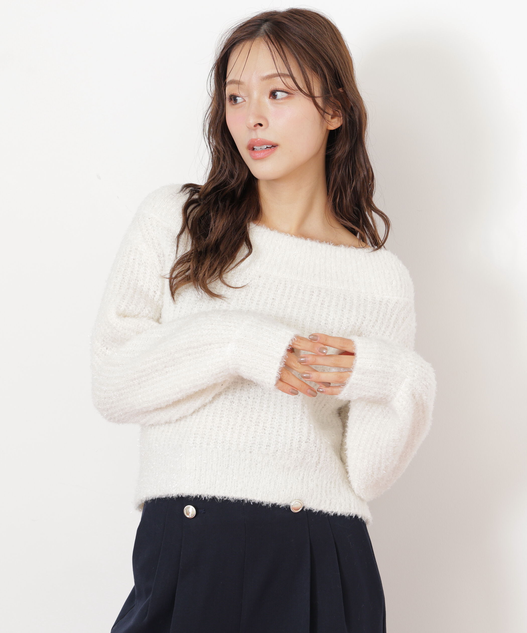  「フィルムラメオフショルニット」|ニット・セーター|エクリュ