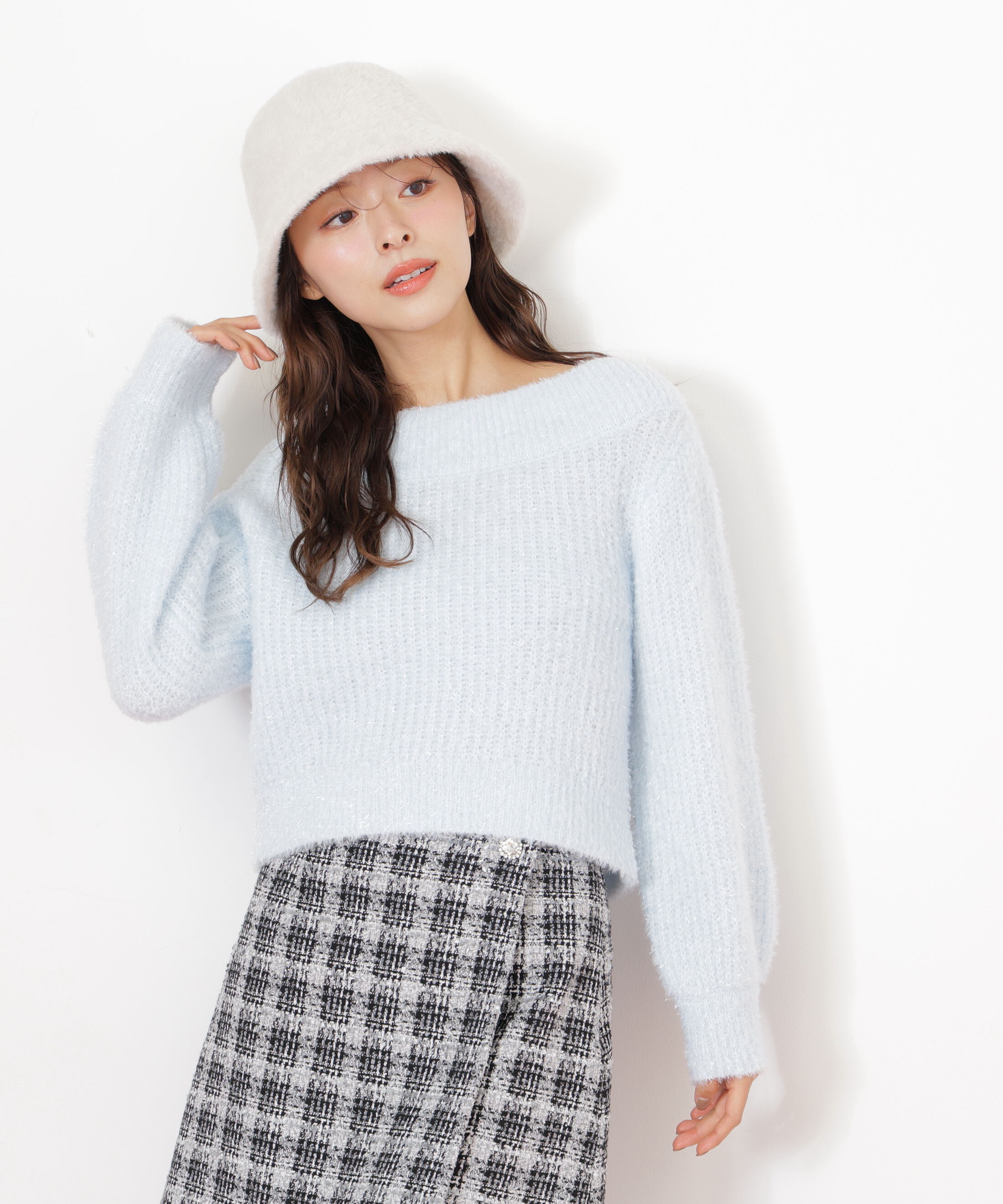  「フィルムラメオフショルニット」|ニット・セーター|